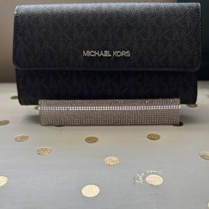 Michael Kors Black Leather Wristlet with Gold Accents